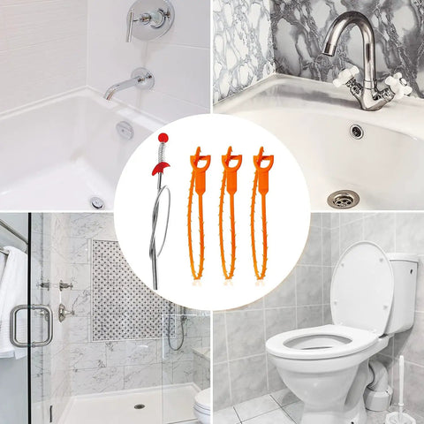 3 In 1 Drain Clog Remover Kit With Plastic Drain Snakes And Stainless Steel Cleaning Stick, Hair Grabber And Blockage Dredger For Kitchen Sink, Toilet, Bathroom Sink And Bathtub, 5 Pack, shown near sinks and bathtub.