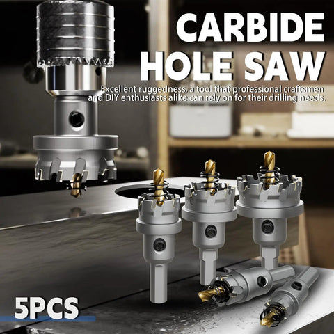 Carbide Hole Saw Set 5 Pc Kit With TCT Tips for Stainless Steel Iron Aluminum Plastic, drill bits in various sizes