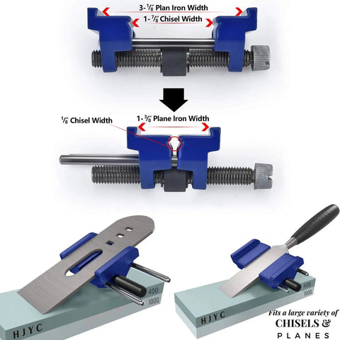 Knife Sharpening Stone Set With 4 Sides Grit 400 1000 And 3000 8000 Water Stones showing honing guide and chisel fitting adjustment.