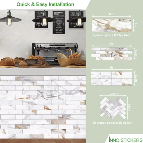 Gold Marble Peel And Stick Subway Tile Set 16 Sheets 4x12 Inches Self Adhesive Stone Composite Backsplash Tiles For Kitchen Bathroom And Fireplace 3mm Thick Waterproof And Easy To Cut shown with installation guide