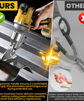 Comparison of cordless brushless metal shears cutting stainless steel versus manual shears, highlighting comfort and efficiency