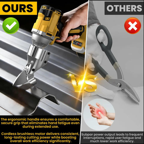 Comparison of cordless brushless metal shears cutting stainless steel versus manual shears, highlighting comfort and efficiency