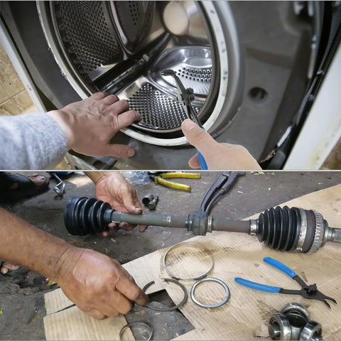 Using 12 Piece Versatile Snap Ring Pliers Set for Internal and External Rings in auto and machinery tasks.