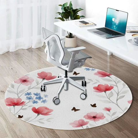 Floral Branch Round Furniture Pad With Non Skid Grip for hardwood floors, shown with chair in office, soft polyester surface.