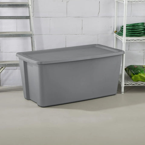 Go Big On Storage With This 50 Gallon Gray Bin Featuring Heavy Duty Latches And Secure Recessed Lid And Extra Large Stackable Plastic Tote Built Tough For Moving Bulk Gear And Closet Hauls, shown in a storage area.