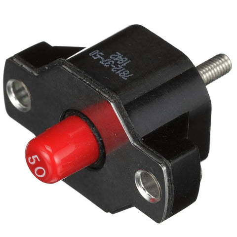 50 Amp Marine Circuit Breaker With Nut Connections And Attaching Hardware For Plug And Play Quick Easy Install On Marine Equipment And Boats Durable Marine Grade Hardware Reliable Fault Protection Panel Or Inline Mount. Black 50A inline breaker with red reset button and stud terminals
