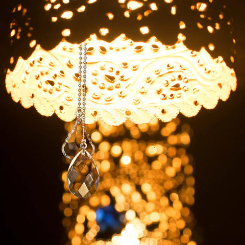 Crystal Glass Ceiling Fan Pull Chain Set, 2 Pack With 20 Inch Extensions, hanging from ornate lit fixture