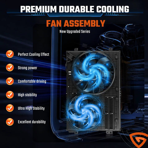 Beefed Up Dual Radiator And Condenser Cooling Fan Assembly Replacement For Volkswagen Jetta shown with dual blue fans