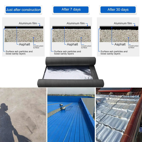 Top Shelf Aluminum Foil Bitumen Tape Real Heavy Duty Roof Leak Blocker in use showing sealing process on various surfaces.