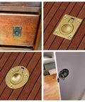 316 Stainless Steel Flush Pull Ring Handle in gold finish installed on wooden cabinet and door, recessed concealed use, 76x57mm.