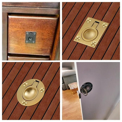 316 Stainless Steel Flush Pull Ring Handle in gold finish installed on wooden cabinet and door, recessed concealed use, 76x57mm.
