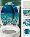 Elongated Toilet Seat Resin for Bathroom with water pattern, stainless steel hinges, grip-tight bumpers, and quick release feature.