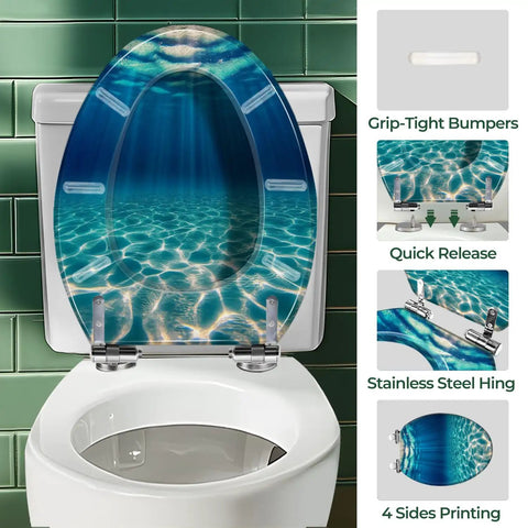Elongated Toilet Seat Resin for Bathroom with water pattern, stainless steel hinges, grip-tight bumpers, and quick release feature.