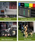 Durable Metal Outdoor Shed With Lockable Doors And Sloped Roof Air Vent 5x3 Ft Brown Garden Tool Storage interior view with tools