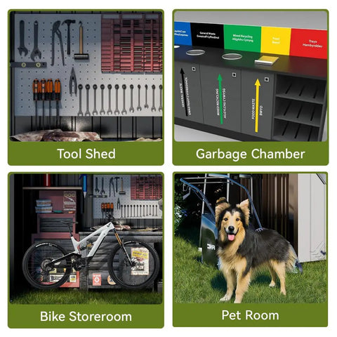 Durable Metal Outdoor Shed With Lockable Doors And Sloped Roof Air Vent 5x3 Ft Brown Garden Tool Storage interior view with tools