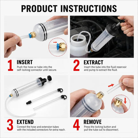 Product instructions for 500Cc Fluid Extractor And Fill Pump With 27 Inch Hose And Two 12 Inch Extension Tubes.