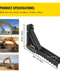 32 Inch Backhoe Thumb Durable Half Inch Steel Plate Excavator Claw Attachment For Tractors And Heavy Equipment Built For Tough Digging Grading And Material Handling On Job Sites Worksite Ready, shown with product dimensions and excavator images