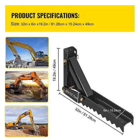 32 Inch Backhoe Thumb Durable Half Inch Steel Plate Excavator Claw Attachment For Tractors And Heavy Equipment Built For Tough Digging Grading And Material Handling On Job Sites Worksite Ready, shown with product dimensions and excavator images