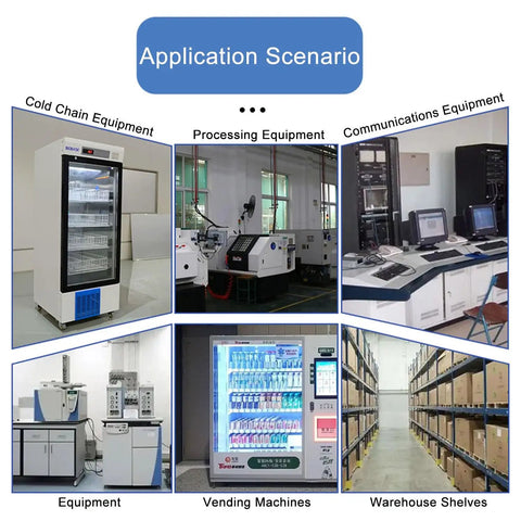 Application scenarios displaying equipment including cold chain devices, processing machines, and warehouse shelving.