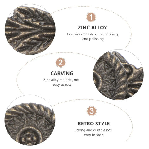 Close-up of Old School Antique Style Zinc Alloy Cabinet Handles 6 Pack, highlighting carving details and vintage bronze hardware finish.