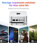 Plug And Play 40Gbps M2 NVMe SSD Enclosure For Mac Mini M4 And Pro with ports for connectivity and supports 8TB expansion.