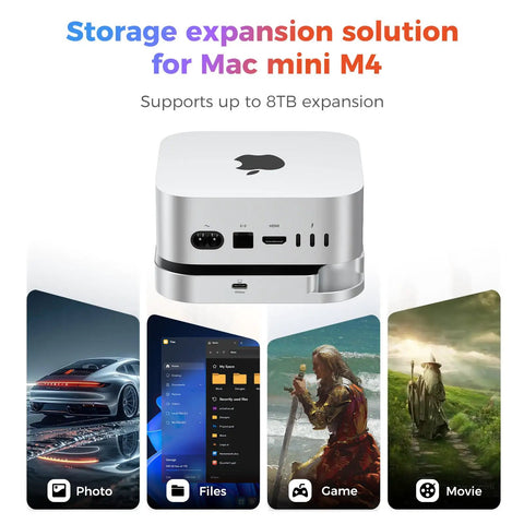 Plug And Play 40Gbps M2 NVMe SSD Enclosure For Mac Mini M4 And Pro with ports for connectivity and supports 8TB expansion.