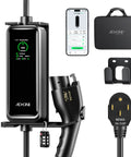 Badass Level Two EV Charger With Forty Amp J1772 Connector Slick WiFi App Control, NEMA 14-50 plug with handheld app next to charger.