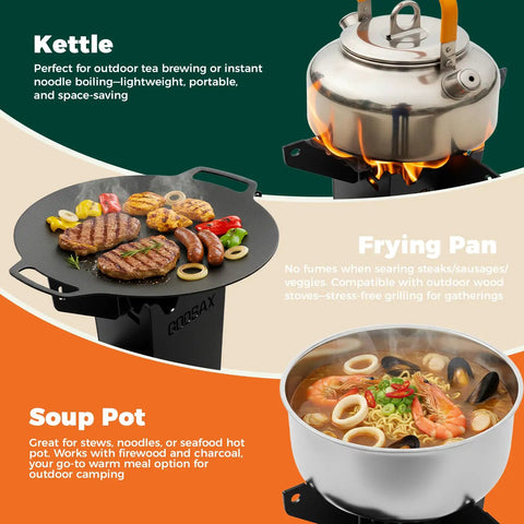 Portable Wood Burning Camp Stove With High Efficiency Rocket Style Flame For Camping Backyard Cookouts And Outdoor Events Includes Storage Bag And Rugged Weatherproof Construction For Easy Transport with kettle, frying pan, and soup pot cooking different meals.