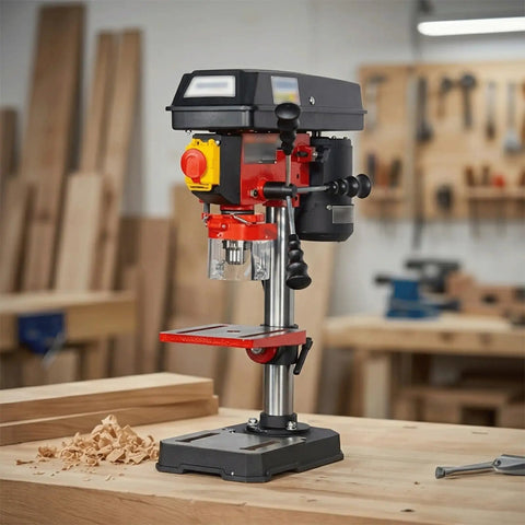 Rock Solid Benchtop Drill Press Eight Inch Swing Five Speed Motor One Half Inch Steel Chuck on wood table with shavings.