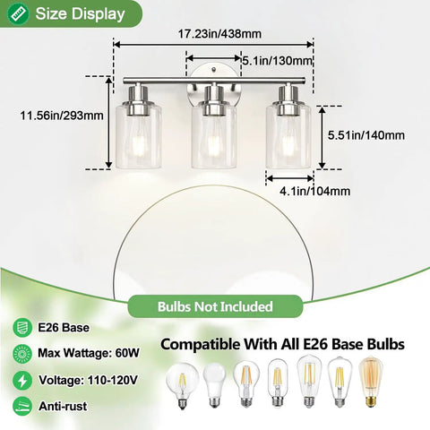 3 Light Brushed Nickel Vanity Light Fixture With Clear Glass Shades For Bathroom Mirror Glow Farmhouse Wall Sconce size diagram