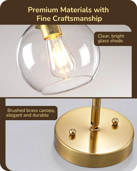 Detailed view of Two Pack Slick Vintage Pendant Lights With Clear Glass Globes And Gleaming Gold Canopies Adjustable Drop Length.