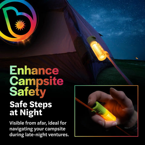 LED Tent String Lights For Guylines 4 Pack Bright Green Camping Lights illuminate a tent at night for safety and ambiance.
