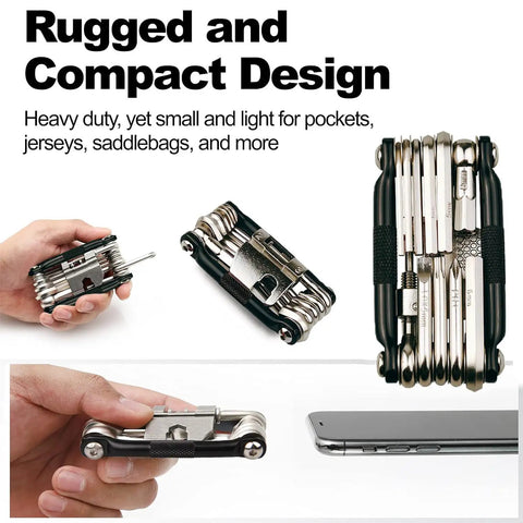 17 In 1 Bike Multi Tool Kit With Chain Breaker Ergonomic And Beefy Lightweight MTB Repair Kit shown compact beside phone