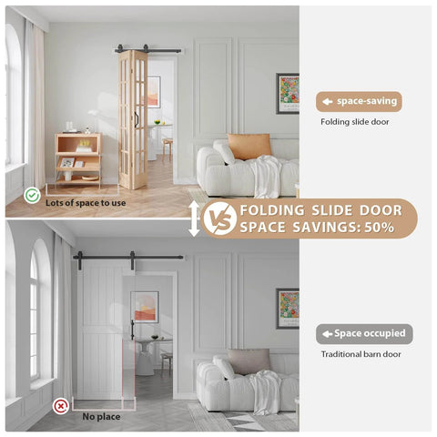 Double 18x84 Inch Bifold French Glass Door Kit With 3.3 Ft Hardware Track installed in a hallway, showing space-saving design.