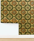 Distressed Tiles Gold Metallic Wallpaper fibrous texture on wall, offering high end glam in interior spaces, 2ft by 27ft.