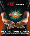 Scoot Skeet Mini Drone Shooting Game for Kids with LED, hovering above hands, indoor family tech toy, orange color.