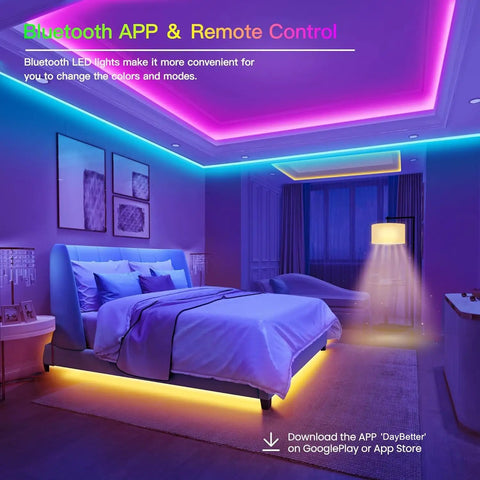 Bedroom lit by Ultra Bright 100 Ft RGB LED Light Strip With Bluetooth App Control Color Changing Rope Lights For Bedroom And Living Room Music Sync Dimmable Easy Install Perfect For Home Parties And Decor.