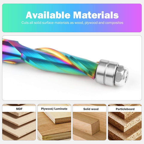 Close-up of TAC-coated Upcut Spiral Flush Trim Router Bit showing cutting materials: MDF, plywood, solid wood, particleboard.