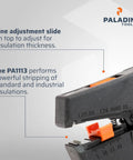 Close-up of Automatic Wire Stripper And Cutter Pro Tool showing fine adjustment slide for insulation thickness and PA1113 model.
