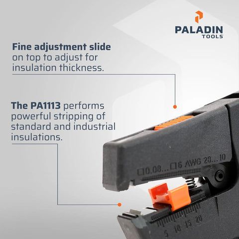 Close-up of Automatic Wire Stripper And Cutter Pro Tool showing fine adjustment slide for insulation thickness and PA1113 model.