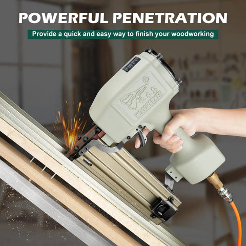 Hand using St64 14 Gauge Pneumatic Concrete T Nailer with 400 Concrete T Nails, 3/4 to 2-1/2 in, on wooden boards