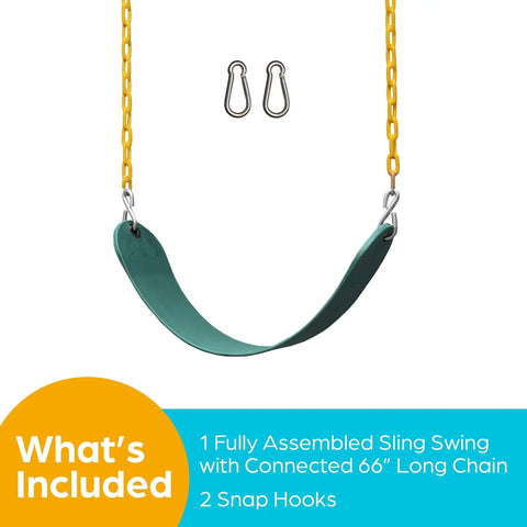 Heavy Duty Swing Seat Replacement Kit With Chains For Outdoor Swing Sets Backyard Playground Accessories For Kids And Grownups Safe Durable DIY Porch Or Tree Swing Upgrade Green 1 Pack, showing green swing seat with yellow chains and snap hooks.