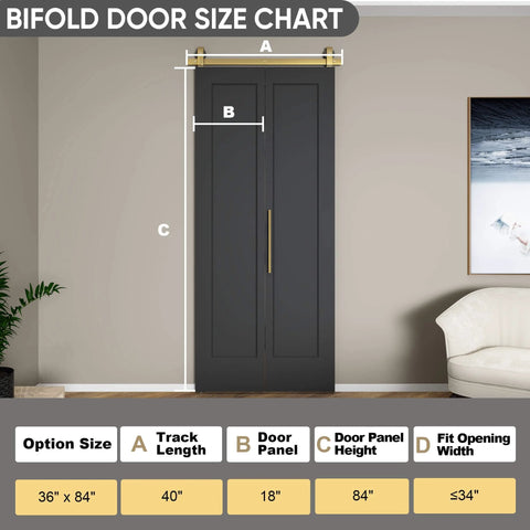 36 Inch By 84 Inch Bi-Fold Barn Door With Brushed Gold Hardware Kit in a textured black finish installed in living room.