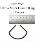 Solid A Size Miter Clamp Rings 10 Pack Heavy Duty Spring Steel Frame Joining Bands with ruler for size reference.