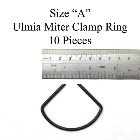 Solid A Size Miter Clamp Rings 10 Pack Heavy Duty Spring Steel Frame Joining Bands with ruler for size reference.