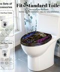 Elongated Botanical Stained Glass Garden Wildflowers Ornate Toilet Seat on standard toilet with adjustable hinges.