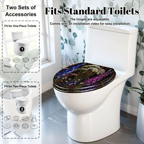 Elongated Botanical Stained Glass Garden Wildflowers Ornate Toilet Seat on standard toilet with adjustable hinges.