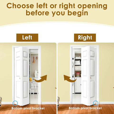 Top Tier 60X80 Bifold Closet Doors Raised Textured Six Panel Face White Primed Lightweight Hollow Core showing left and right opening options.