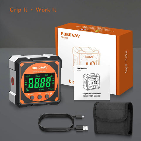 4-Side Magnetic Digital Angle Gauge With Laser Protractor Level, No-Brainer Inclinometer For Woodworking Tablesaw, Precision 0.05 To 0.2 Degrees, Relative And Absolute Modes, Rechargeable, 4x90 Degree Angles, box, manual, USB cable, pouch