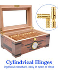 Wooden box with 10 pcs brass hidden barrel hinges 0.15x0.79 inch, showing opening mechanism and cigar storage.